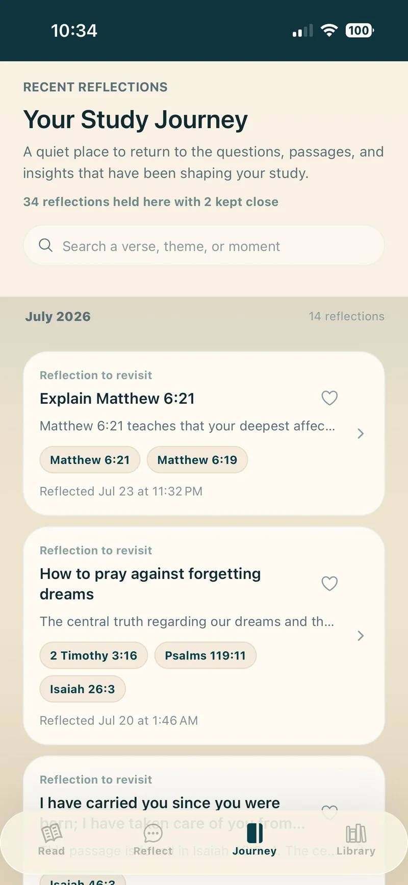 The Journey screen in Bible Explained Study: “Your Study Journey”, a searchable, month-by-month record of reflections with their Scripture references.