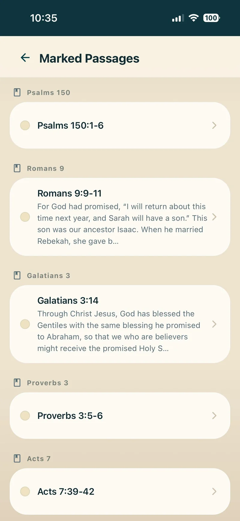 Marked Passages in the Bible Explained Study Library: bookmarked passages like Psalms 150:1–6, Romans 9:9–11, and Proverbs 3:5–6, grouped by chapter.