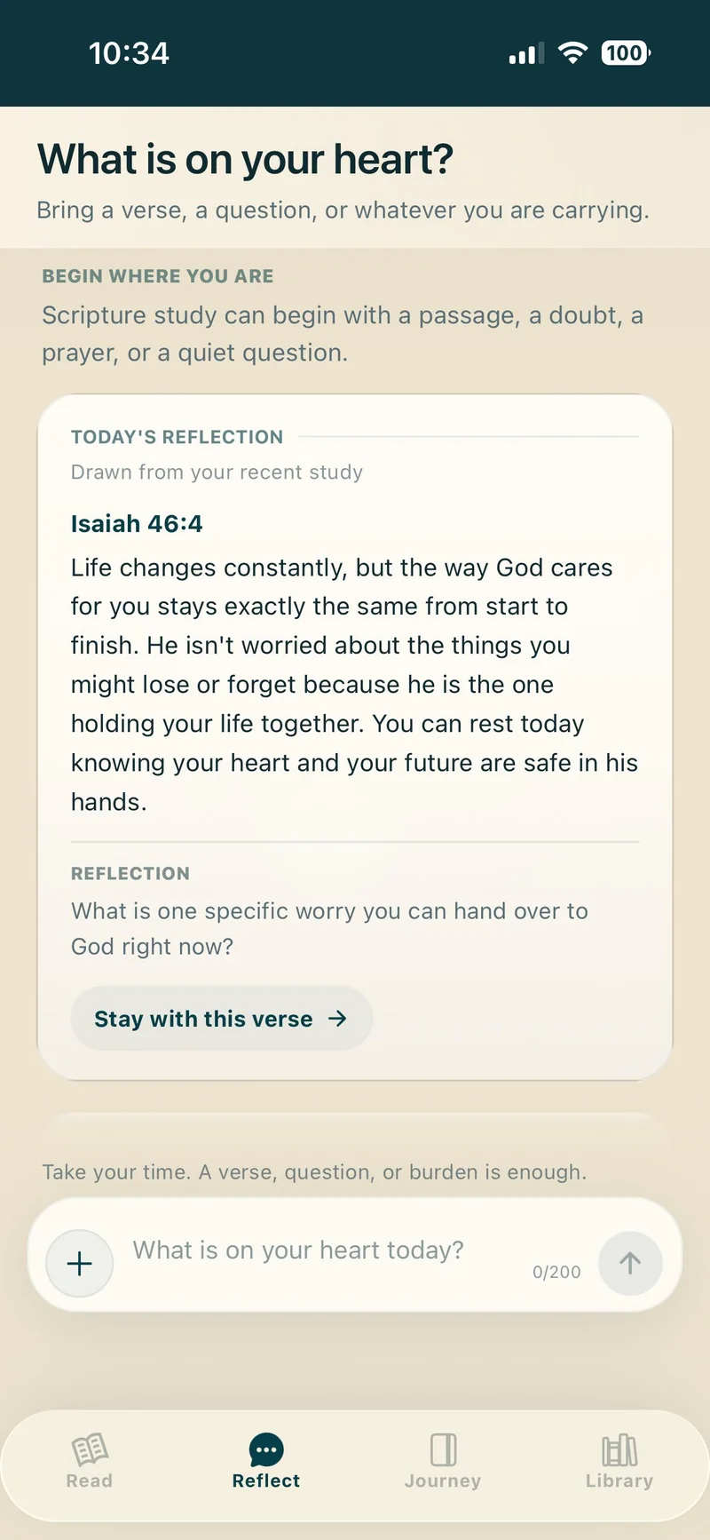 The Reflect screen in Bible Explained Study asking “What is on your heart?”, with today's reflection on Isaiah 46:4 and a field to bring a verse, question, or whatever you are carrying.